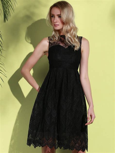 stylish round neck sleeveless hollow out solid color lace women s dress black m in lace