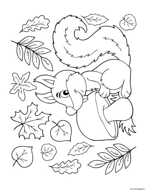 Fall Squirrel With Mushroom Falling Leaves Coloring Page Printable