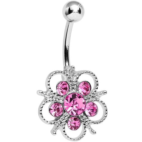 Pink Cubic Zirconia Flamboyant Flower Belly Ring Belly Button