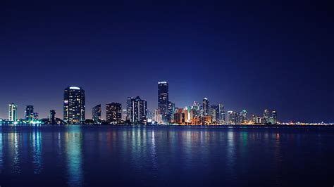 Hd Wallpaper Miami City Skyline Cityscape Water Night Building
