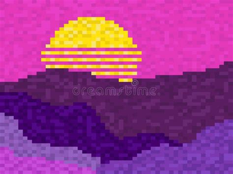 Retro Sun And Mountain Landscape In Pixel Art Style 8 Bit Sun