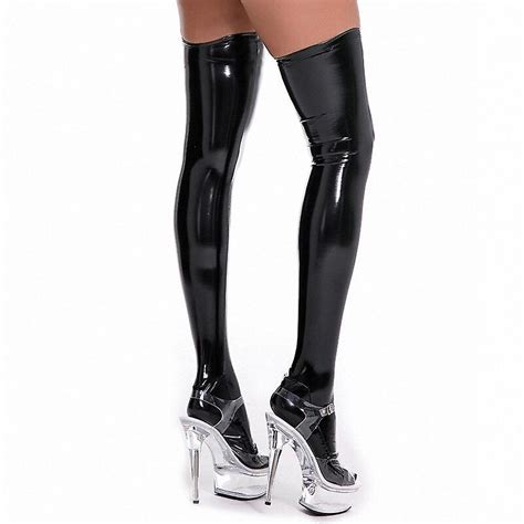 Oil Shiny Patent Leather Thigh High Stockings Women Sexy Pole Dance Club Party Hosiery Latex