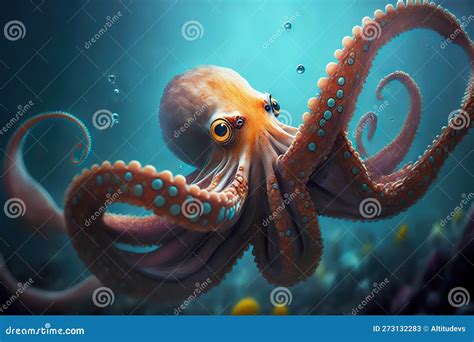 Bright Orange Octopus Sea In Blue Water In Caribbean Sea Stock