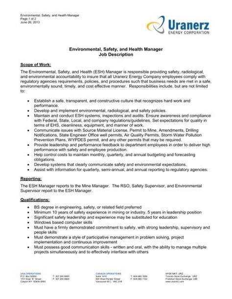 Environmental Safety And Health Manager Job Description