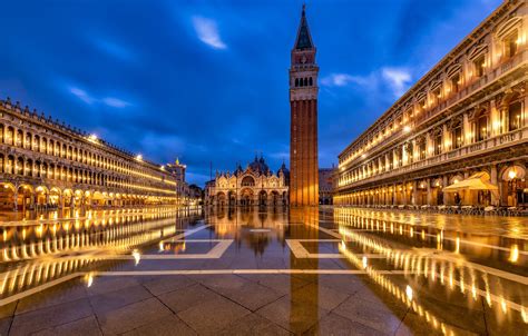 Wallpaper Building Tower Area Italy Venice Cathedral Night City