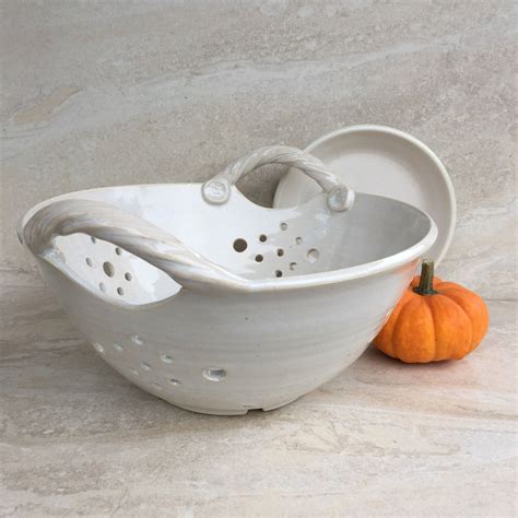 White Porcelain Pottery Colander With Handles And Saucer Etsy
