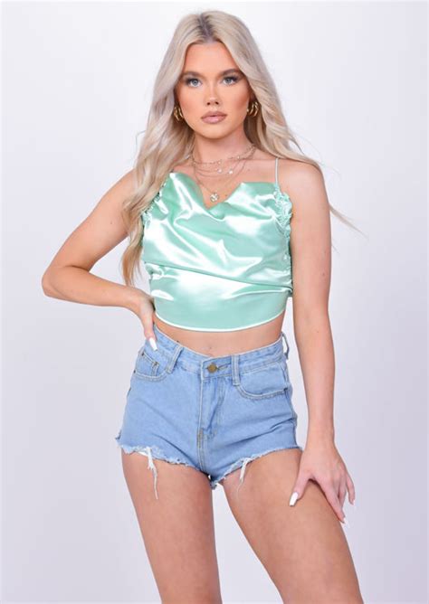 Satin Cowl Neck Backless Ruched Side Tie Crop Top Green I Lily Lulu