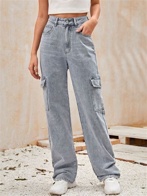 High Waisted Flap Pocket Side Baggy Jeans Women Jeans Straight Jeans