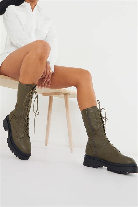 Khaki Calf High Lace Up Chunky Biker Boots Prettylittlething