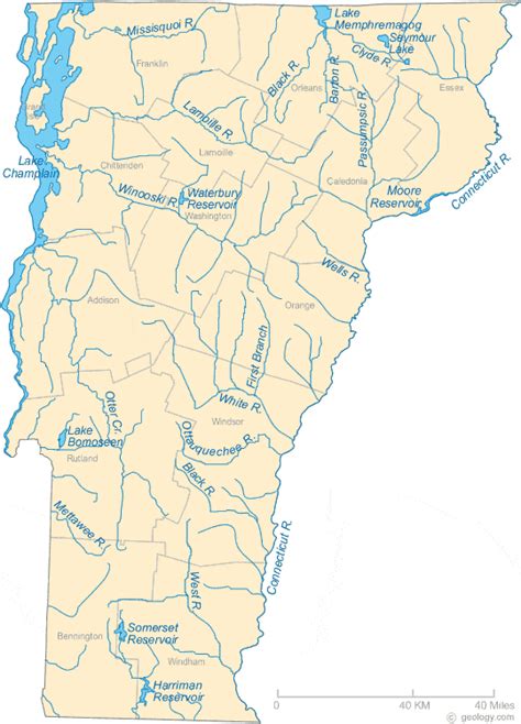 Map Of Vermont Lakes Streams And Rivers