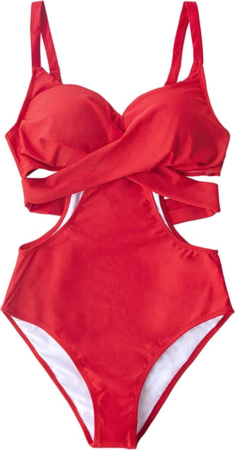 Yiyingsi Women S One Piece Swimsuit Cut Out Side Sexy Swimwear Red Lace Up Moulded Cups Lined