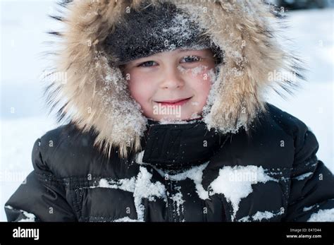 Boy Child Winter Russia North Cold Jacket Face Portrait Covered Snow
