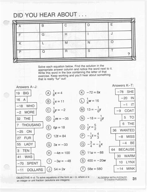 They may also be obtained by reading the. Collection Of Algebra With Pizzazz Worksheet Answers Pg 53 ...