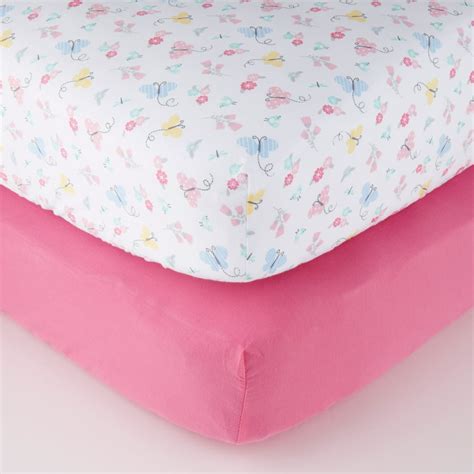 Parents Choice 100 Cotton Fitted Crib Sheets Pink Butterfly 2pk