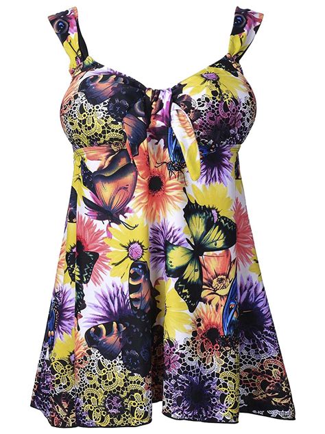 pretty plus size yellow butterfly print swimdress style swimsuit tankini set