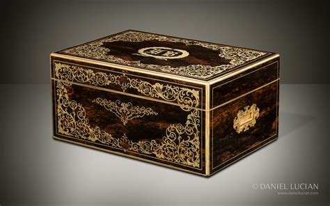 daniel lucian magnificent antique jewellery box in coromandel with engraved brass inlay and