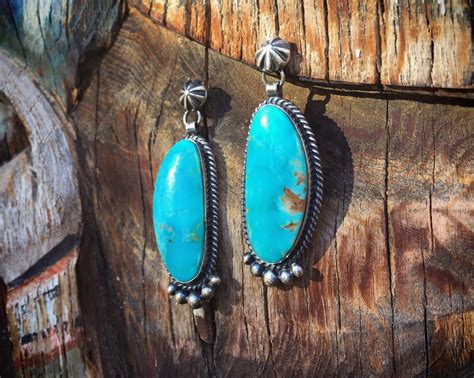 Vintage Sterling Silver Long Turquoise Earrings For Women Signed