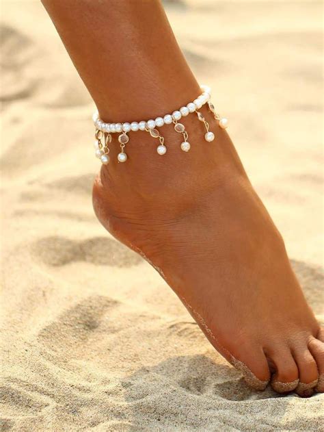 Faux Pearl And Crystal Decorated Beaded Anklet Crystal Stone Jewelry