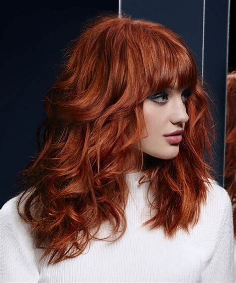 Straight with voluminous curled ends. Medium, thick, wavy, curly, auburn hair with blunt bangs ...