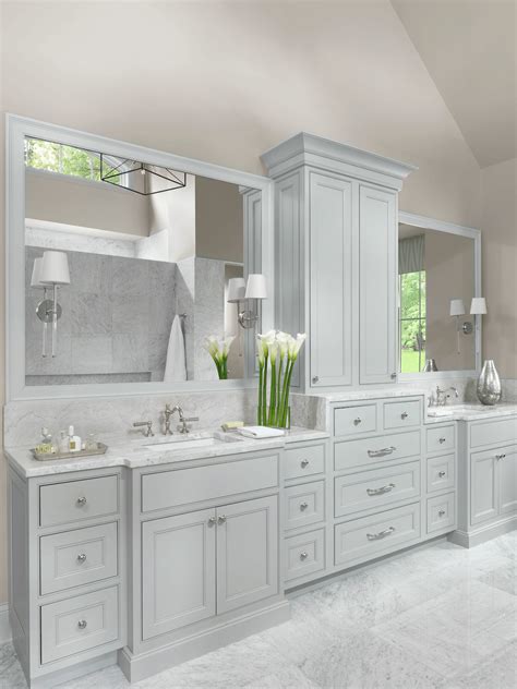 White And Gray Master Bathroom With Beaded Inset Cabinetry And Marble