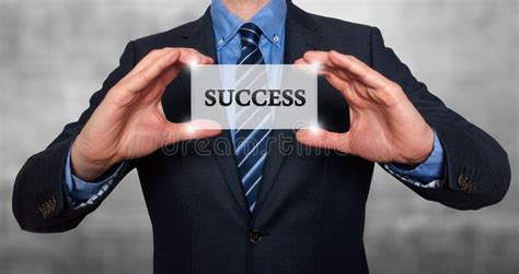Businessman Holding White Card With Success Sign Grey Stock P Stock