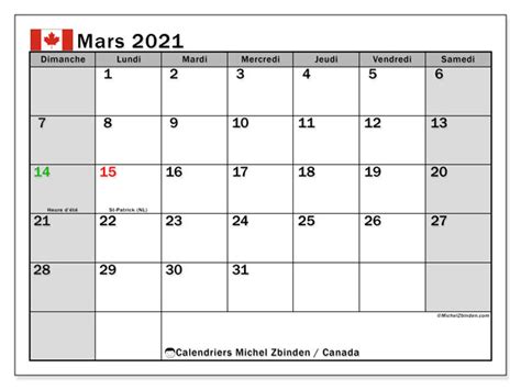 Calendrier Mars 2021 Canada Michel Zbinden Fr