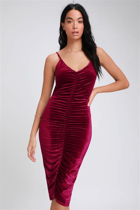 Sexy Wine Red Dress Velvet Dress Bodycon Midi Dress Dress Lulus
