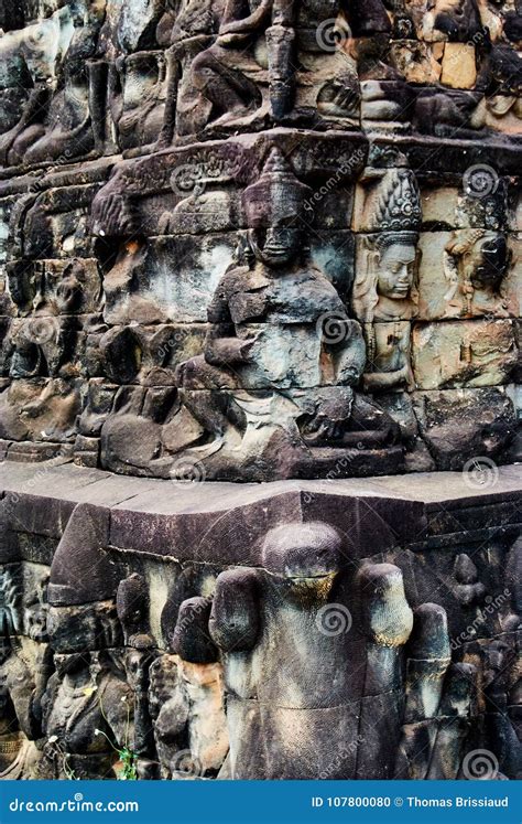 Carvings In Historic Building In Angkor Wat Thom Cambodia Stock Photo