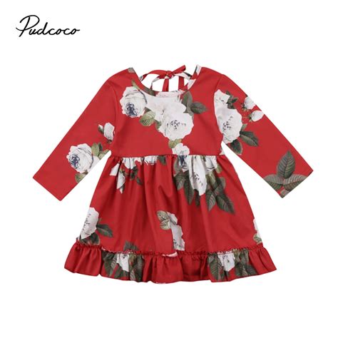Floral Toddler Baby Kids Girls Long Sleeve Dress Kids New Fall Red