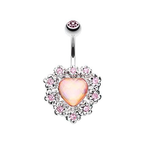 Pink Sparkle Heart Flower Belly Button Ring Rebel Bod