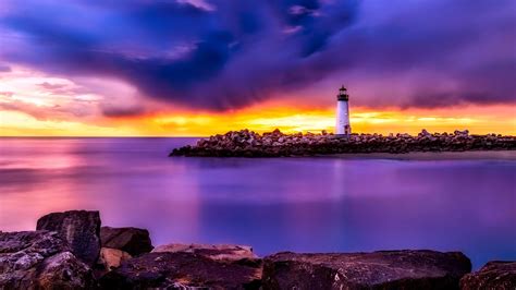 Ocean Bay Beach Sunset Lighthouse Scenery Preview Wallpaper Com