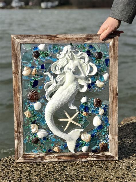 Large 19 X 23 Beach Glass Panel Mermaid In Wood Frame With Shells Free Shipping Mermaid