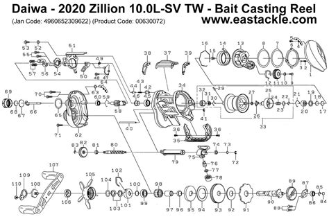 Daiwa 2020 Zillion 10 0L SV TW Bait Casting Reel Schematics And