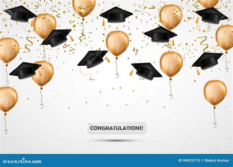 Graduation Hat Confetti And Gold Balloons Vector Illustration