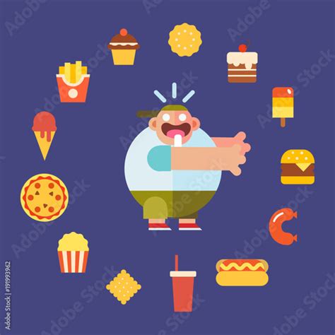 Cute Hungry Fat Boy With Fast Food Cartoon Style Character Flat