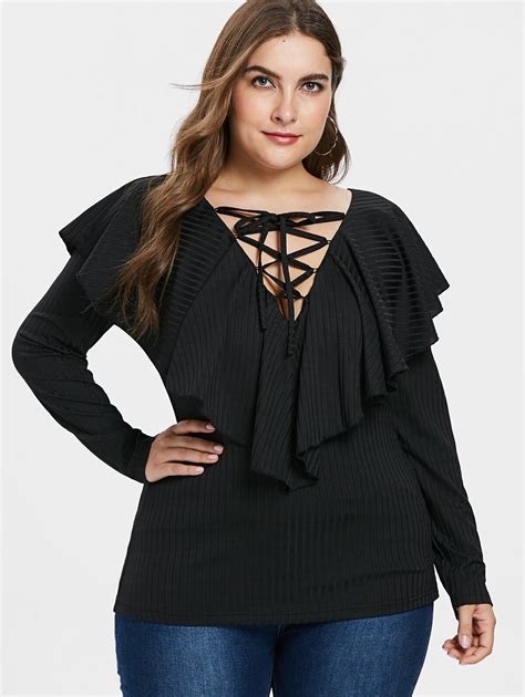 Wipalo Fashion Plus Size 5XL Plunging Neck Lace Up Ruffle T Shirt