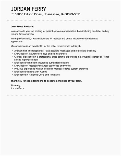 Patient Service Representative Cover Letter | Velvet Jobs