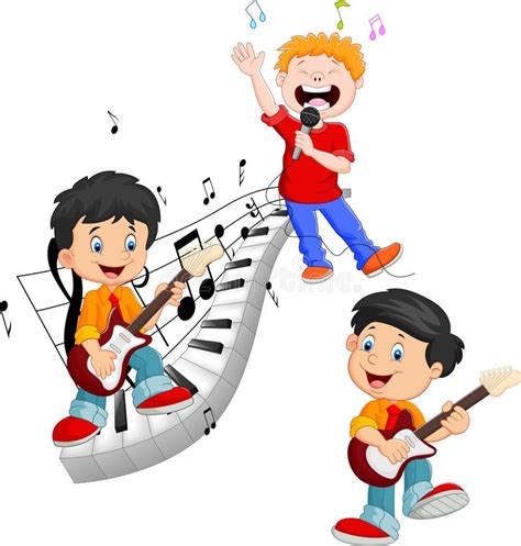 Cartoon Happy Kids Singing And Playing Music Vector Illustration Kids