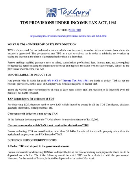 Tds Provisions Under Income Tax Act 1961 Tds Provisions