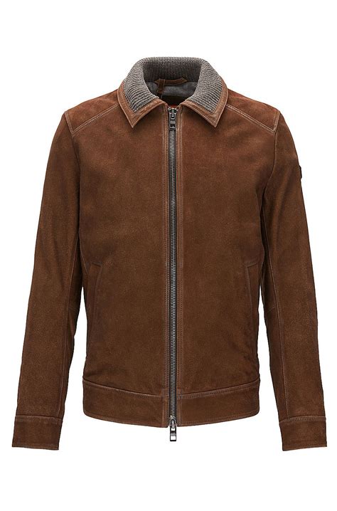 Hugo Boss Slim Fit Suede Jacket With Knitted Inner Collar Brown
