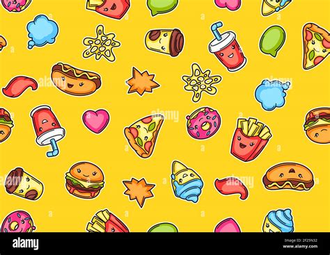 Seamless Pattern With Cute Kawaii Fast Food Meal Stock Vector Image