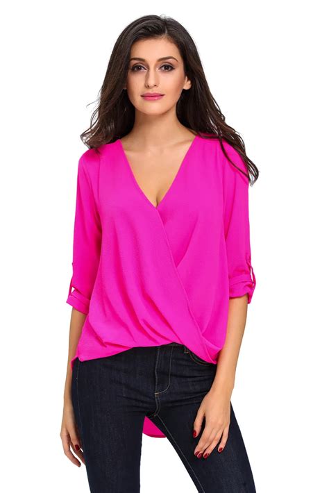 v neck ruffle loose fit blouse top fuchsia 2017 elegant long sleeve plus size women s blouse