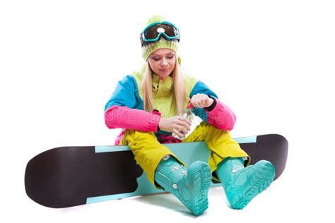 Attractive Young Woman In Ski Suit And Ski Glasses Sit On Snowbo Stock Image Image Of Extreme