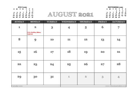 August 2021 Calendar Canada Printable 12 Templates
