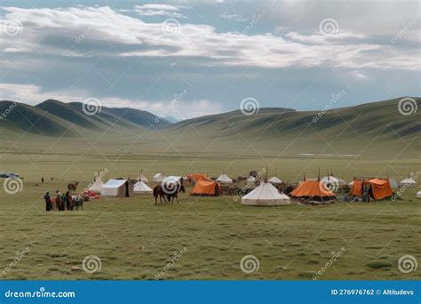 Nomadic Tribe Setting Up Camp In Wide Open Valley Stock Photo Image