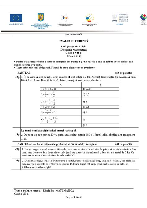 Pdf Test De Evaluare Curentă Disciplina MatematicĂ Clasa A Vii A