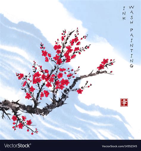 Oriental Red Sakura Cherry Tree In Blossom Vector Image