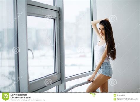 Beautiful Woman Standing Near Windows Beautiful Morning Stock Image