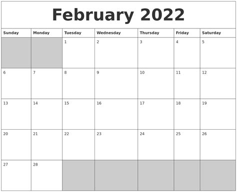 Calendar February 2022 Printable Calendar Template 2022