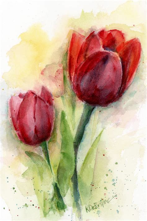 Two Red Tulips Watercolor Painting And Prints By Kris Debruine Studio